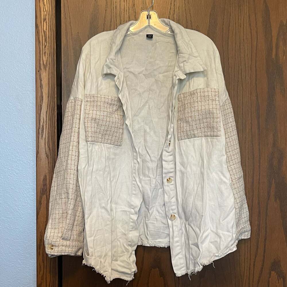 SHEIN Curve Tweed Patchwork Raw Hem Button-Up Shacket
